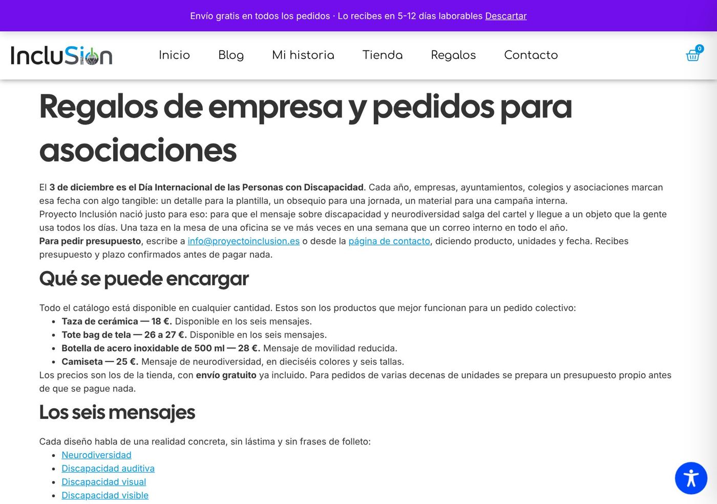 Pàgina de regals d'empresa de Proyecto Inclusión
